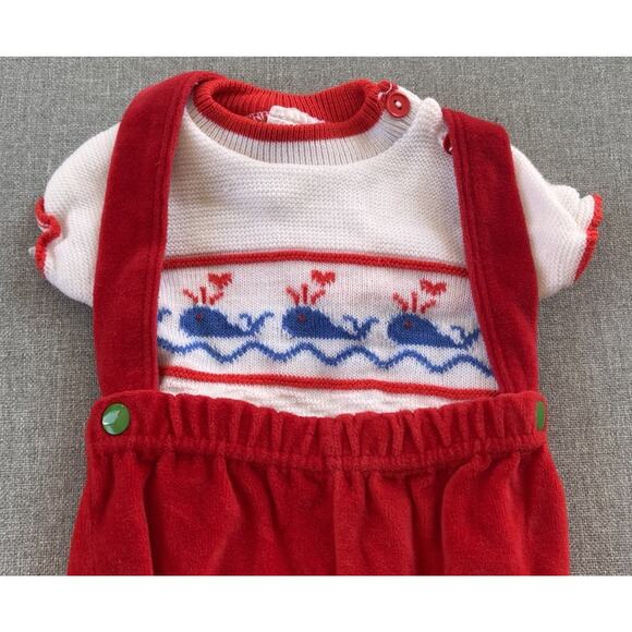 Vintage Baby Boy Outfit 0-6mo Nautical Sweater Overalls Whales 80's Red Acrylic - Picture 10 of 10